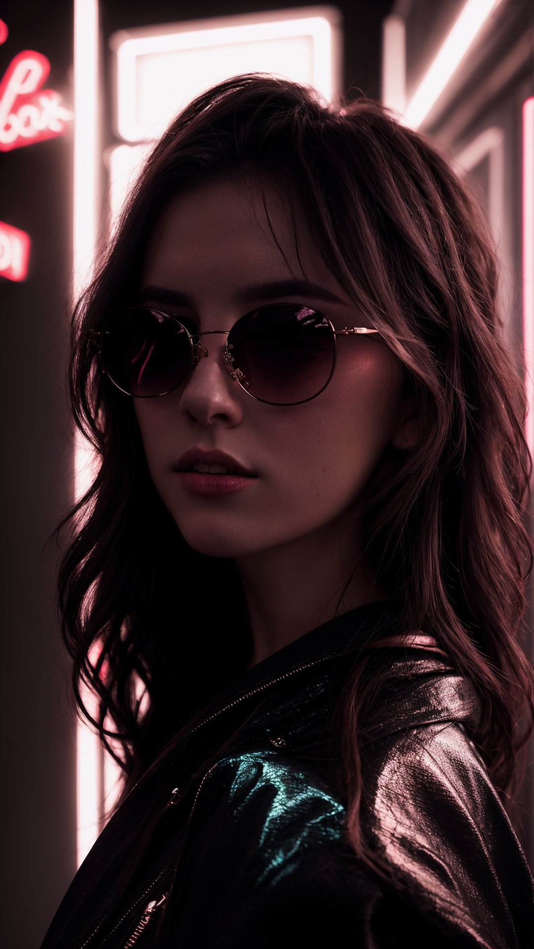 (highres,  realistic:1.2), portrait, beautiful face, gorgeous eyes, full lips, long dark hair, fashionable outfit, confident pose, stylish sunglasses, neon light, atmospheric cinematic background, vibrant colors, soft bokeh, artistic ambiance, subtle lighting, neon lighting