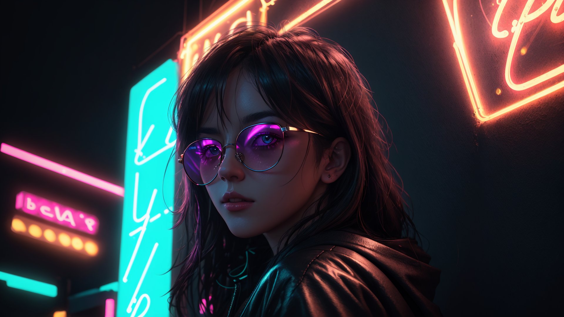 (highres,  realistic:1.2), portrait, beautiful face, gorgeous eyes, full lips, long dark hair, fashionable outfit, confident pose, stylish sunglasses, neon light, atmospheric cinematic background, vibrant colors, soft bokeh, artistic ambiance, subtle lighting, neon lighting