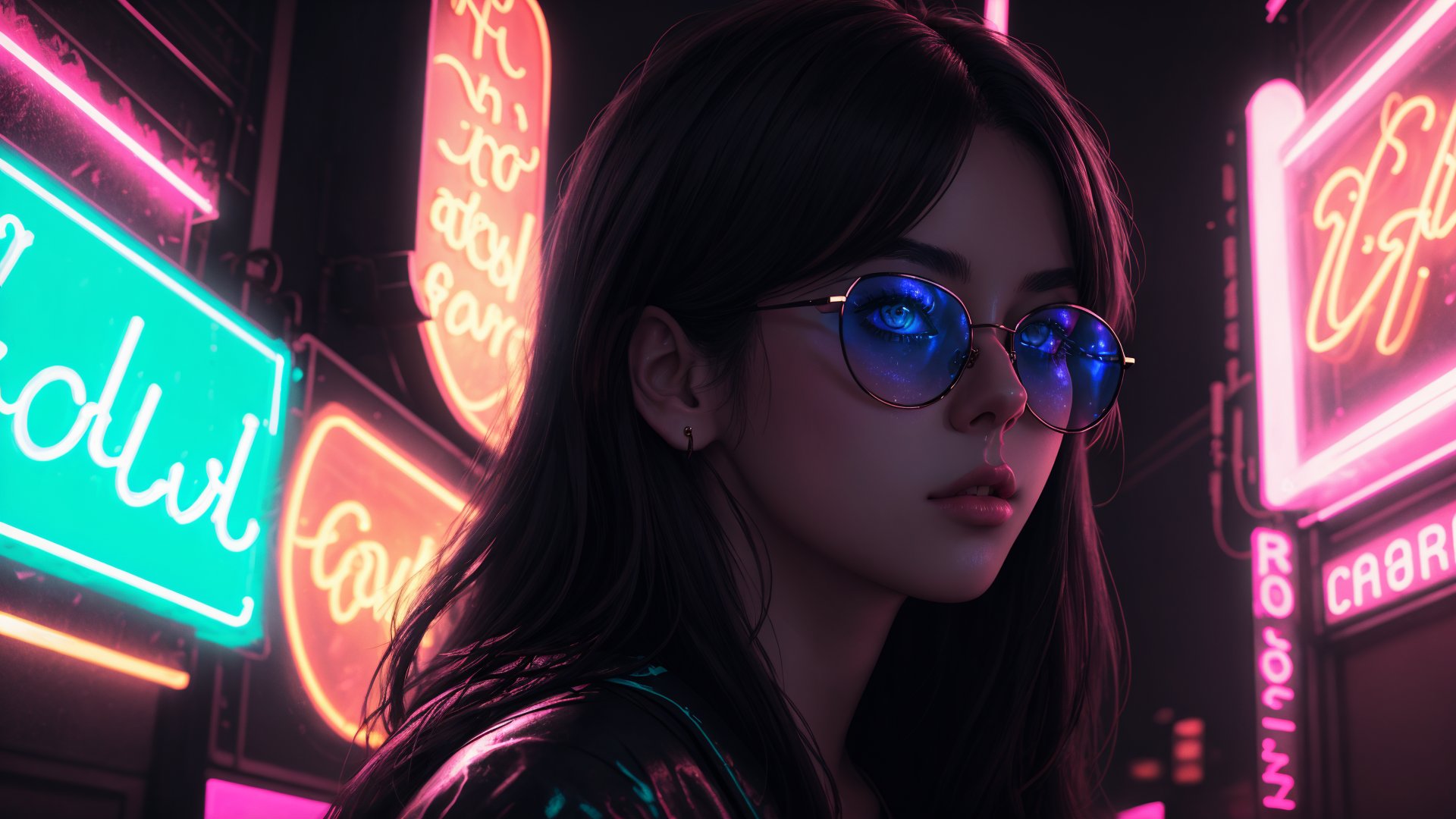 (highres,  realistic:1.2), portrait, beautiful face, gorgeous eyes, full lips, long dark hair, fashionable outfit, confident pose, stylish sunglasses, neon light, atmospheric cinematic background, vibrant colors, soft bokeh, artistic ambiance, subtle lighting, neon lighting