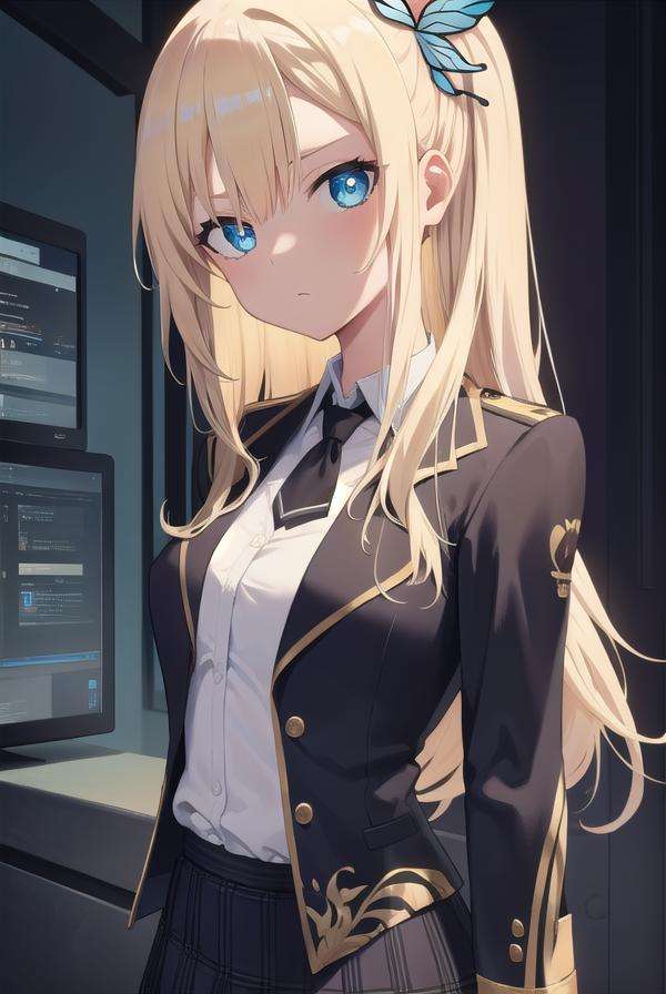 senakashiwazaki, <lora:senakashiwazakitest:1>, sena kashiwazaki, blonde hair, butterfly hair ornament, hair ornament, long hair,BREAK blazer, jacket, open clothes, open shirt, school uniform, shirt, skirt, sleeves past wrists, st. chronica academy school uniformBREAK looking at viewer,BREAK classroom,BREAK <lora:GoodHands-vanilla:1>, (masterpiece:1.2), best quality, high resolution, unity 8k wallpaper, (illustration:0.8), (beautiful detailed eyes:1.6), extremely detailed face, perfect lighting, extremely detailed CG, (perfect hands, perfect anatomy),