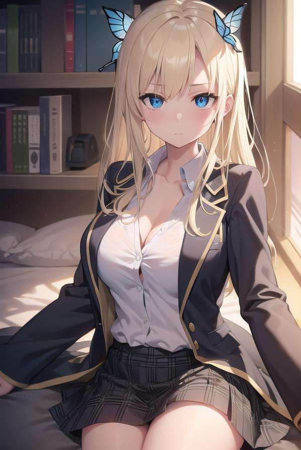 senakashiwazaki, <lora:senakashiwazakitest:1>, sena kashiwazaki, blonde hair, butterfly hair ornament, hair ornament, long hair,BREAK blazer, jacket, open clothes, open shirt, school uniform, shirt, skirt, sleeves past wrists, st. chronica academy school uniformBREAK looking at viewer,BREAK classroom,BREAK <lyco:GoodHands-beta2:1>, (masterpiece:1.2), best quality, high resolution, unity 8k wallpaper, (illustration:0.8), (beautiful detailed eyes:1.6), extremely detailed face, perfect lighting, extremely detailed CG, (perfect hands, perfect anatomy),