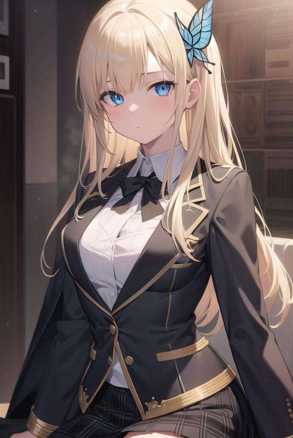 senakashiwazaki, <lora:senakashiwazakitest:1>, sena kashiwazaki, blonde hair, butterfly hair ornament, hair ornament, long hair,BREAK blazer, jacket, open clothes, open shirt, school uniform, shirt, skirt, sleeves past wrists, st. chronica academy school uniformBREAK looking at viewer,BREAK classroom,BREAK <lyco:GoodHands-beta2:1>, (masterpiece:1.2), best quality, high resolution, unity 8k wallpaper, (illustration:0.8), (beautiful detailed eyes:1.6), extremely detailed face, perfect lighting, extremely detailed CG, (perfect hands, perfect anatomy),