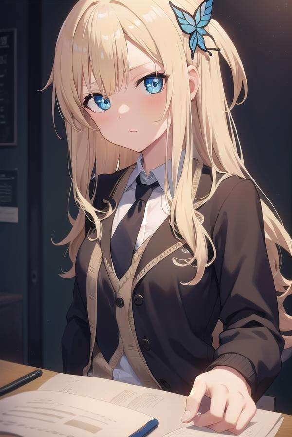 senakashiwazaki, <lora:senakashiwazakitest:1>, sena kashiwazaki, blonde hair, butterfly hair ornament, hair ornament, long hair,BREAK cardigan, checkered clothes, checkered skirt, jacket, long sleeves, necktie, school uniform, shirt, skirt, st. chronica academy school uniform,BREAK looking at viewer,BREAK classroom,BREAK <lora:GoodHands-vanilla:1>, (masterpiece:1.2), best quality, high resolution, unity 8k wallpaper, (illustration:0.8), (beautiful detailed eyes:1.6), extremely detailed face, perfect lighting, extremely detailed CG, (perfect hands, perfect anatomy),