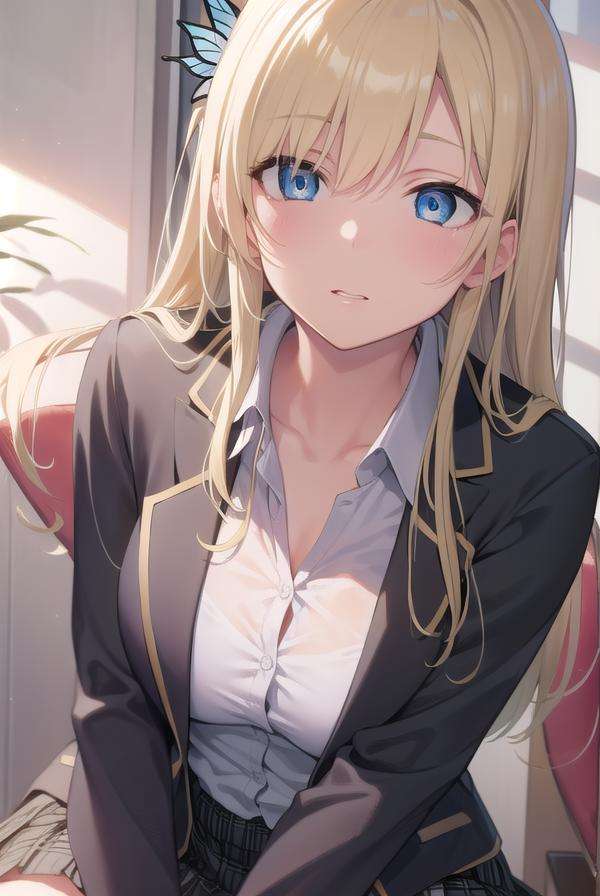 senakashiwazaki, <lora:senakashiwazakitest:1>, sena kashiwazaki, blonde hair, butterfly hair ornament, hair ornament, long hair,BREAK blazer, jacket, open clothes, open shirt, school uniform, shirt, skirt, sleeves past wrists, st. chronica academy school uniformBREAK looking at viewer,BREAK classroom,BREAK <lyco:GoodHands-beta2:1>, (masterpiece:1.2), best quality, high resolution, unity 8k wallpaper, (illustration:0.8), (beautiful detailed eyes:1.6), extremely detailed face, perfect lighting, extremely detailed CG, (perfect hands, perfect anatomy),