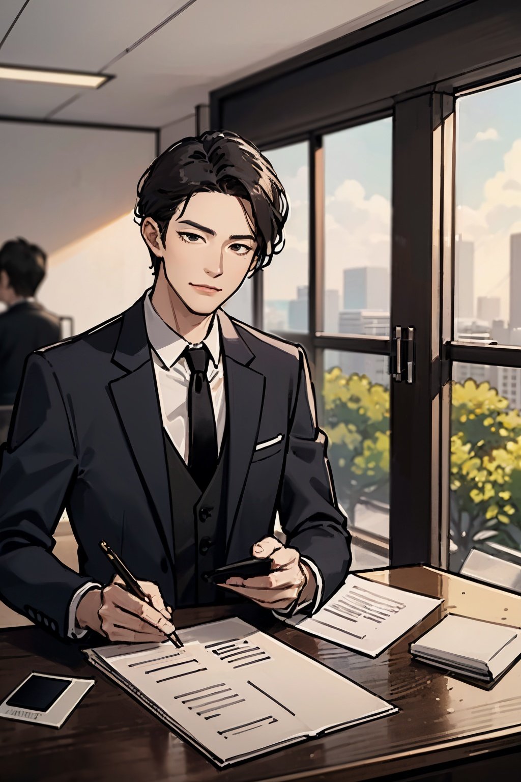 (masterpiece, the best, quality, refined character),
A handsome man with short brown hair, (wearing a black suit), red tie, delicate fair face, squinting eyes,
Frowning, mouth open, upper body frontal display, sitting at a desk with a golden envelope in his hand, on the desk with computers, documents, in a luxurious office, in the morning, 1 man