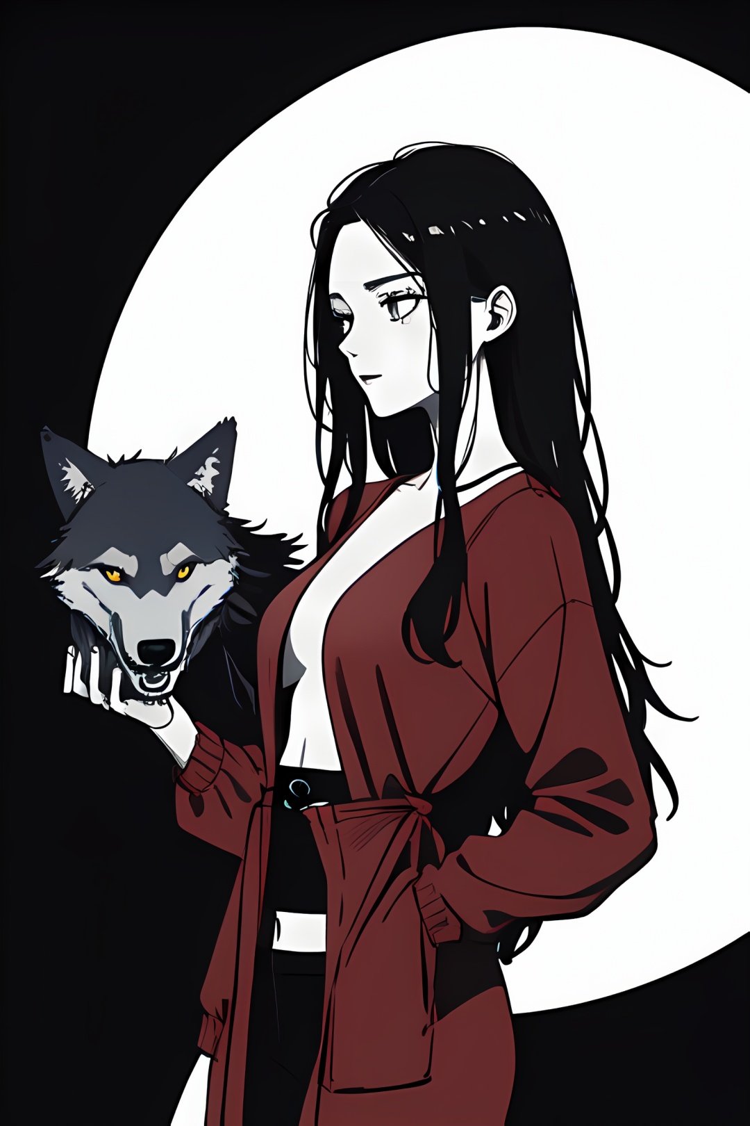 grimdark, creepy tale, wolf and 20 yo woman, red clothes, colorful, dark background


