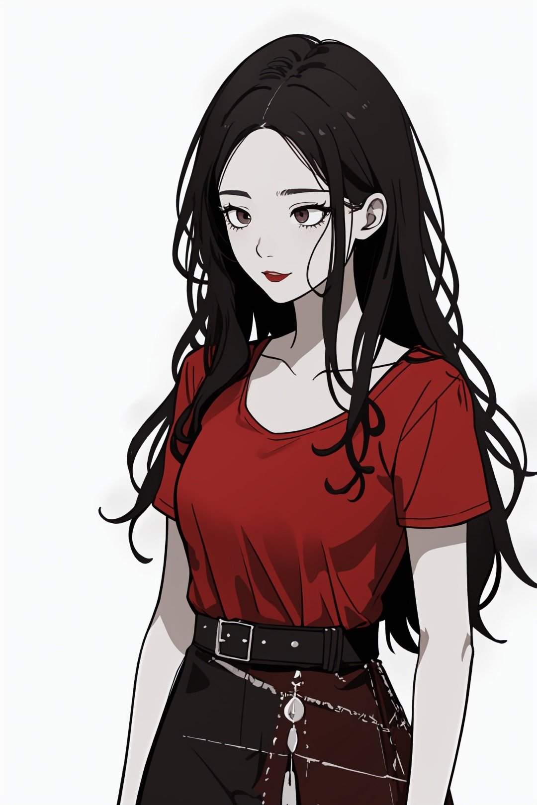 grimdark, creepy tale, wolf and 20 yo woman, red clothes, colorful, dark background


