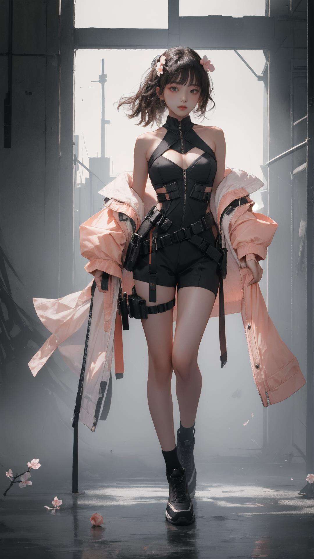 masterpiece, best quality,highres, 1girl, techwear, full body, bare shoulders,  <lora:techwear-000005:0.8>，peach blossom,