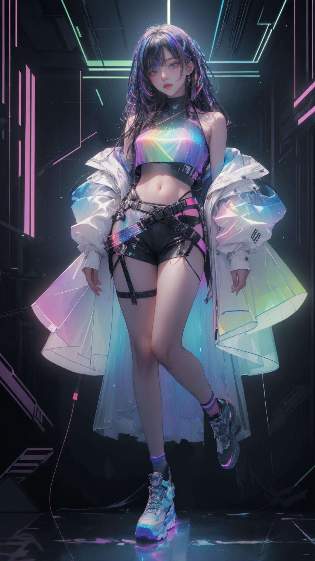 masterpiece, best quality,highres, 1girl, tall, long hair, perfect stature, fashion pose, bangs, chromatic dispersion, coloured glaze, Polychromatic prism effect, rainbowcore, iridescence/opalescence, glowing colors, Glowing ambiance, cyberpunk, full body, techwear, bare shoulder, <lora:techwear:0.8>, <lora:liuli2:0.4>