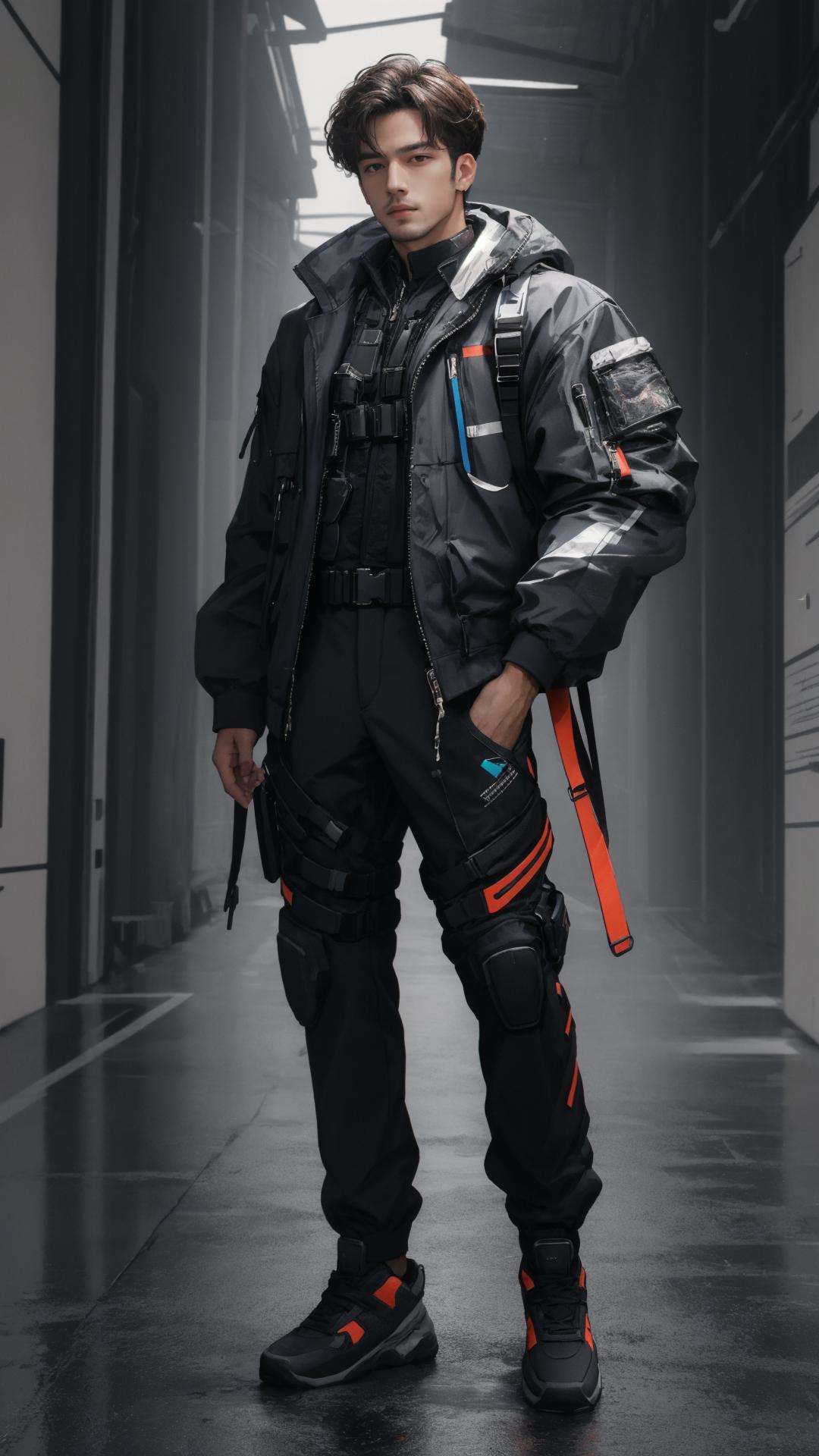 masterpiece, best quality,highres, 1 handsome man, <lora:techwear-000005:0.7>, techwear,  full body,