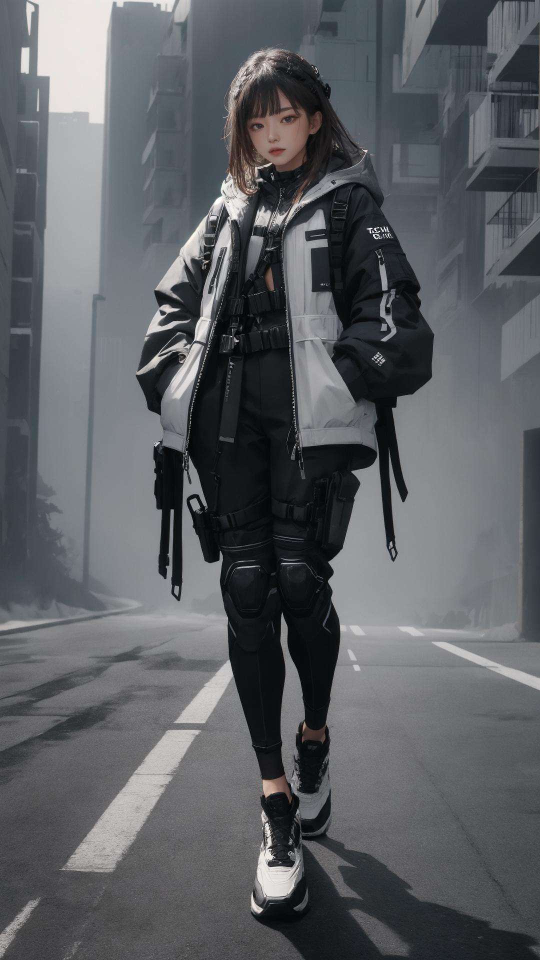 masterpiece, best quality,highres, 1girl, <lora:techwear-000005:0.7>, techwear,  full body,