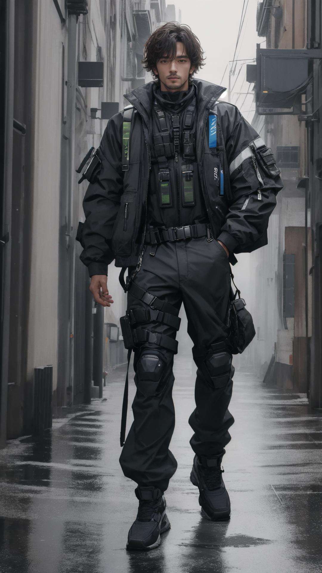 masterpiece, best quality,highres, 1 handsome man, <lora:techwear-000005:0.7>, techwear,  full body,