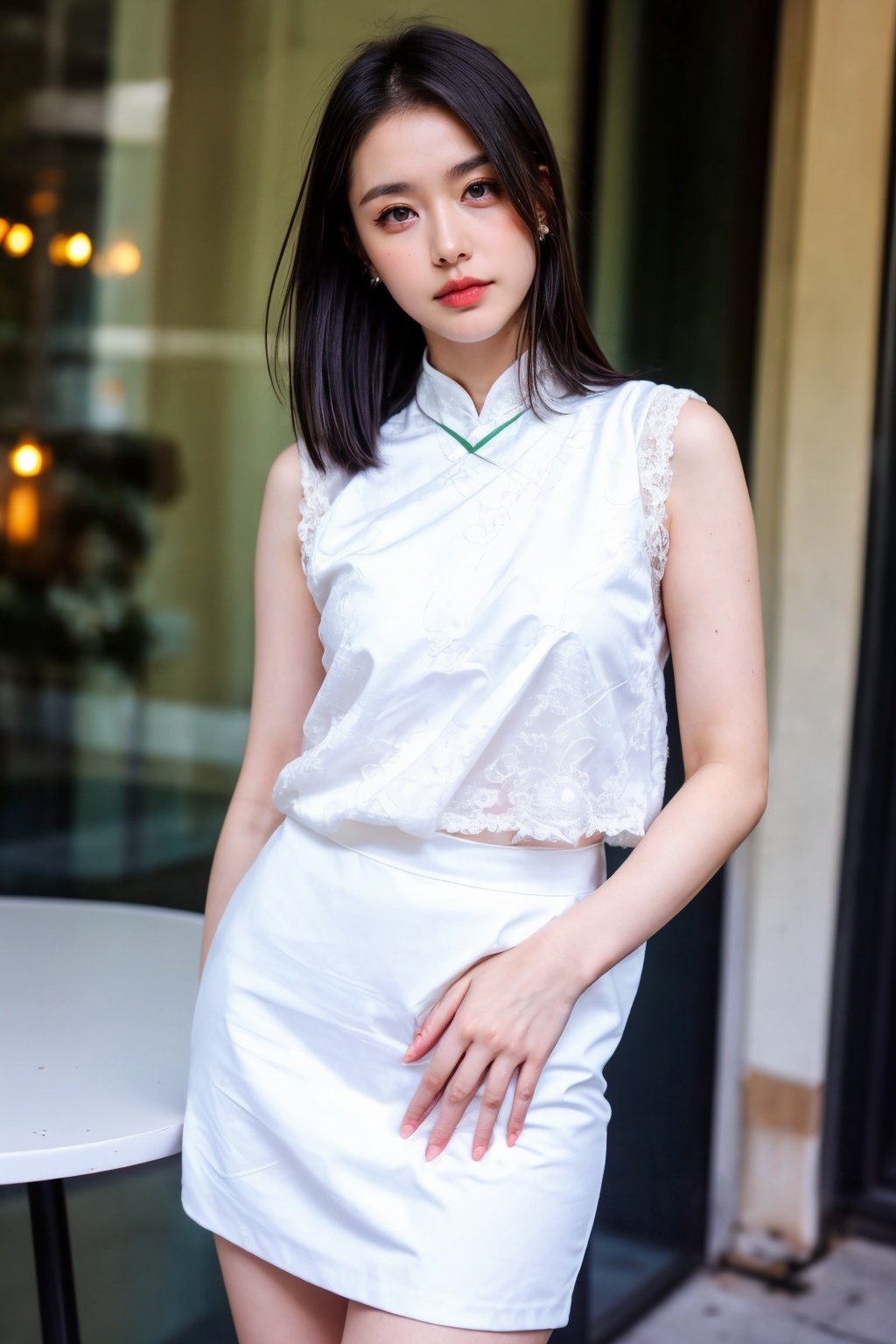 girl03, photographed on a Nikon Z7 II Mirrorless Camera,120mm F/4 wide-anglegirl03, 1girl, solo, looking at viewer, skirt, black hair, jewelry, earrings, medium hair, mole, blurry, lips, head tilt, blurry background, white skirt, realistica woman standing next to a table wearing a green and white top and black skirt with a white shirt, Cao Zhibai, phuoc quan, a character portrait, dau-al-setbest quality, masterpiece, ultra detailed, cowboy shot, flowing, 3dmm, ink sketch, color ink, ink rendering, octane render, pastels, rice paper, 1girl, beautiful detailed eyes, (alternate hairstyle), ultra detailed hair, graceful, (charming), (delicate), pretty, cute, lace dress, character in the center of the frame, rhythm, fantasy, looking at viewer,<lora:more_details:0.3> <lora:add_detail:0.3>   <lora:girl03_SDLife_Chiasedamme_v1.0:0.6>