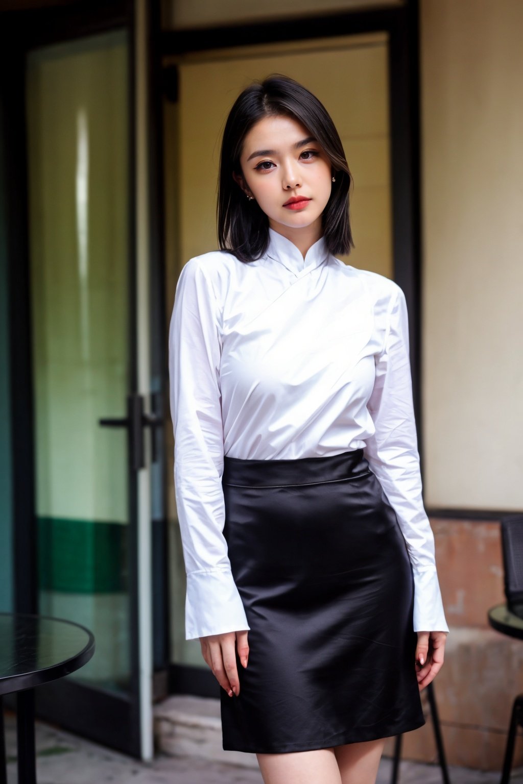 girl03, photographed on a Nikon Z7 II Mirrorless Camera,120mm F/4 wide-anglegirl03, 1girl, solo, looking at viewer, skirt, black hair, jewelry, earrings, medium hair, mole, blurry, lips, head tilt, blurry background, white skirt, realistica woman standing next to a table wearing a green and white top and black skirt with a white shirt, Cao Zhibai, phuoc quan, a character portrait, dau-al-setbest quality, masterpiece, ultra detailed, cowboy shot, flowing, 3dmm, ink sketch, color ink, ink rendering, octane render, pastels, rice paper, 1girl, beautiful detailed eyes, (alternate hairstyle), ultra detailed hair, graceful, (charming), (delicate), pretty, cute, lace dress, character in the center of the frame, rhythm, fantasy, looking at viewer,<lora:more_details:0.3> <lora:add_detail:0.3>   <lora:girl03_SDLife_Chiasedamme_v1.0:0.6>