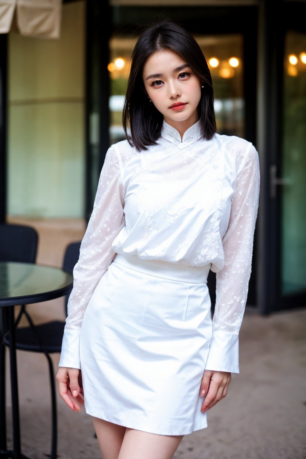 girl03, photographed on a Nikon Z7 II Mirrorless Camera,120mm F/4 wide-anglegirl03, 1girl, solo, looking at viewer, skirt, black hair, jewelry, earrings, medium hair, mole, blurry, lips, head tilt, blurry background, white skirt, realistica woman standing next to a table wearing a green and white top and black skirt with a white shirt, Cao Zhibai, phuoc quan, a character portrait, dau-al-setbest quality, masterpiece, ultra detailed, cowboy shot, flowing, 3dmm, ink sketch, color ink, ink rendering, octane render, pastels, rice paper, 1girl, beautiful detailed eyes, (alternate hairstyle), ultra detailed hair, graceful, (charming), (delicate), pretty, cute, lace dress, character in the center of the frame, rhythm, fantasy, looking at viewer,<lora:more_details:0.3> <lora:add_detail:0.3>   <lora:girl03_SDLife_Chiasedamme_v1.0:0.6>