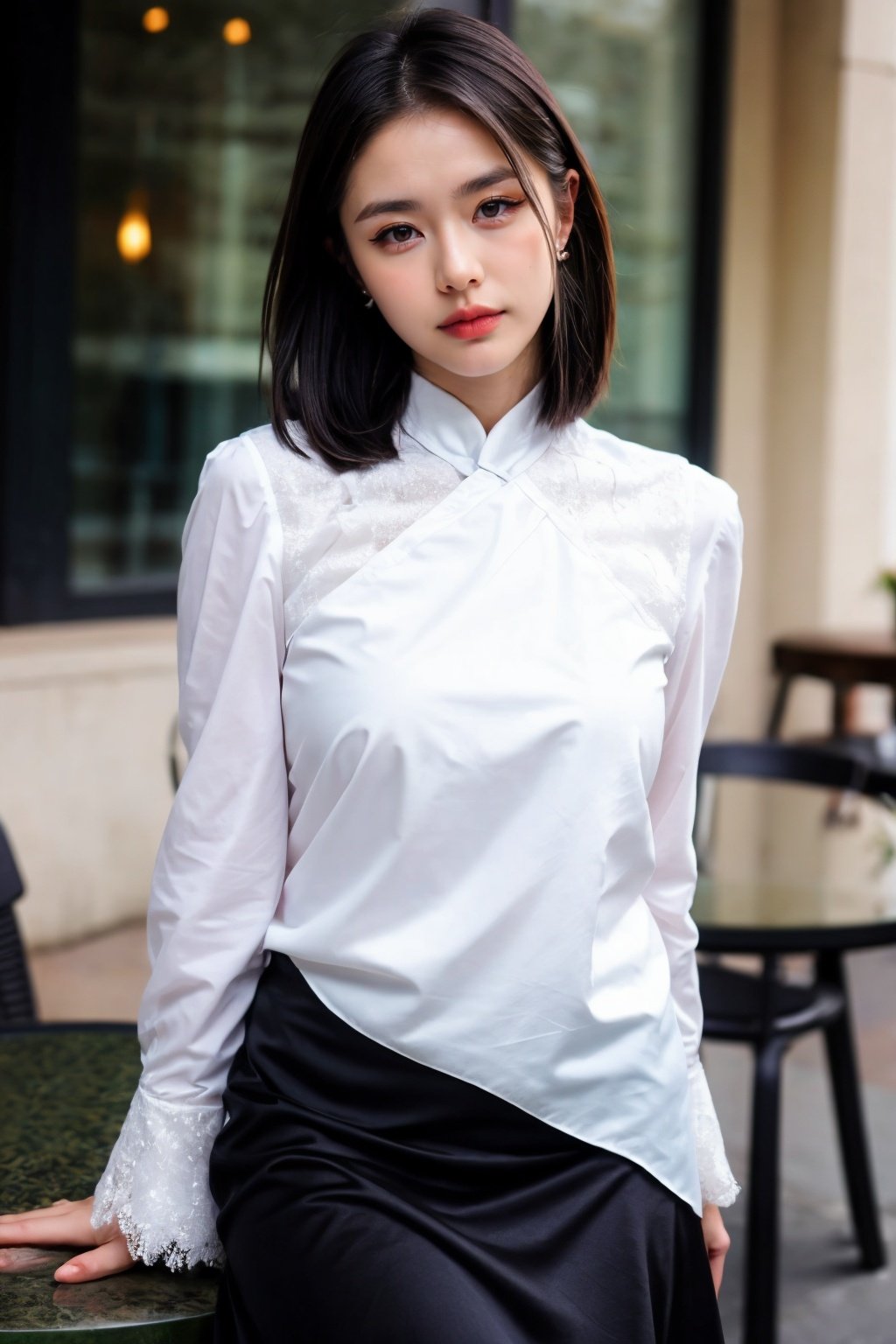 girl03, photographed on a Nikon Z7 II Mirrorless Camera,120mm F/4 wide-anglegirl03, 1girl, solo, looking at viewer, skirt, black hair, jewelry, earrings, medium hair, mole, blurry, lips, head tilt, blurry background, white skirt, realistica woman standing next to a table wearing a green and white top and black skirt with a white shirt, Cao Zhibai, phuoc quan, a character portrait, dau-al-setbest quality, masterpiece, ultra detailed, cowboy shot, flowing, 3dmm, ink sketch, color ink, ink rendering, octane render, pastels, rice paper, 1girl, beautiful detailed eyes, (alternate hairstyle), ultra detailed hair, graceful, (charming), (delicate), pretty, cute, lace dress, character in the center of the frame, rhythm, fantasy, looking at viewer,<lora:more_details:0.3> <lora:add_detail:0.3>   <lora:girl03_SDLife_Chiasedamme_v1.0:0.6>