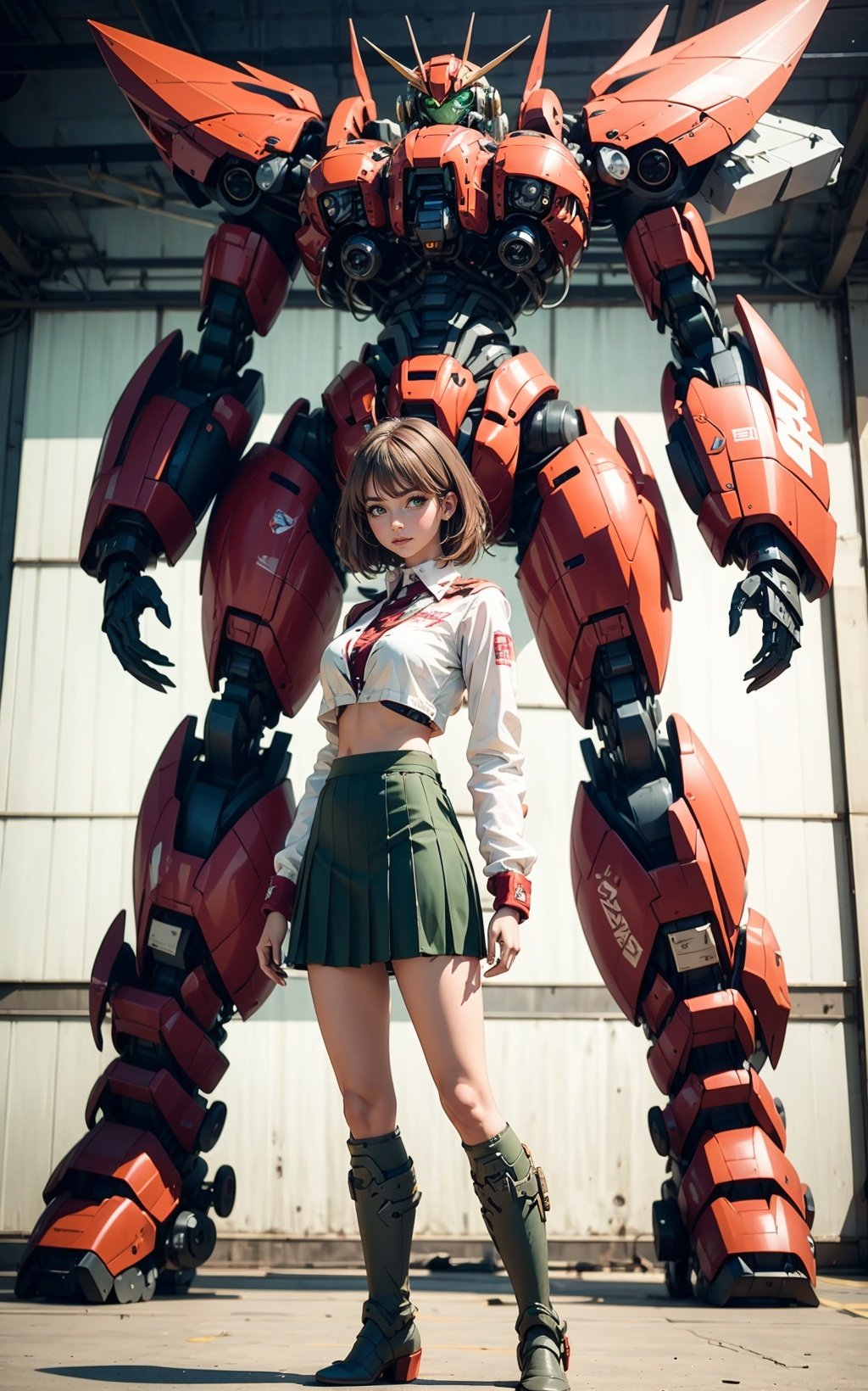 Photo of a nerdy woman standing infront of an exceptionally large heavy mecha in the background. super_mecha in the background, (22 years old woman), medium breast, small waist, brown hair, green eyes, perfect illumination, beautiful detailed, full body, pleated skirt, long boots, blurry. super_mecha,  <lora:super mecha_20230606112241:0.8>