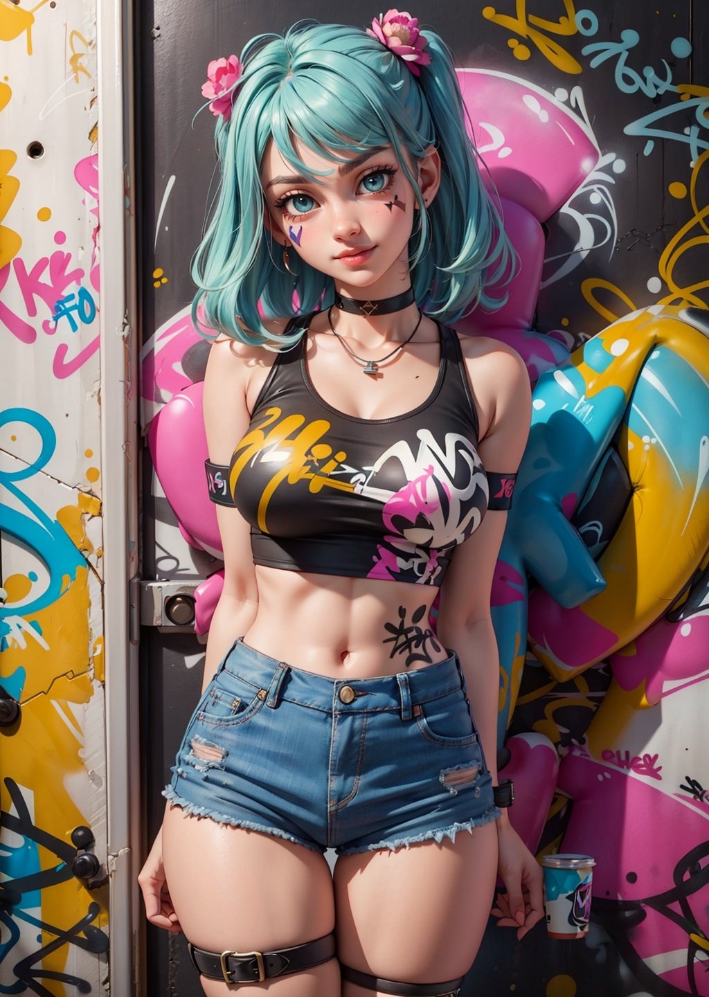 8k uhd, (best quality:1.2), (masterpiece:1.2), perfect eyes, very detailed, beautiful 18 year old fergie, solo, huge round breasts, crop top, denim shorts, choker, (graffiti:1.5), paint splatter, arms behind back, against wall, looking at viewer, armband, thigh strap, paint on body, head tilt, bored, multicolored hair, aqua eyes, smile, (perfectly drawn hands)+++, ((highly detailed natural skin)), (skindentation), intricate details, hyper detailed <lora:XenoDetailer:0.5>