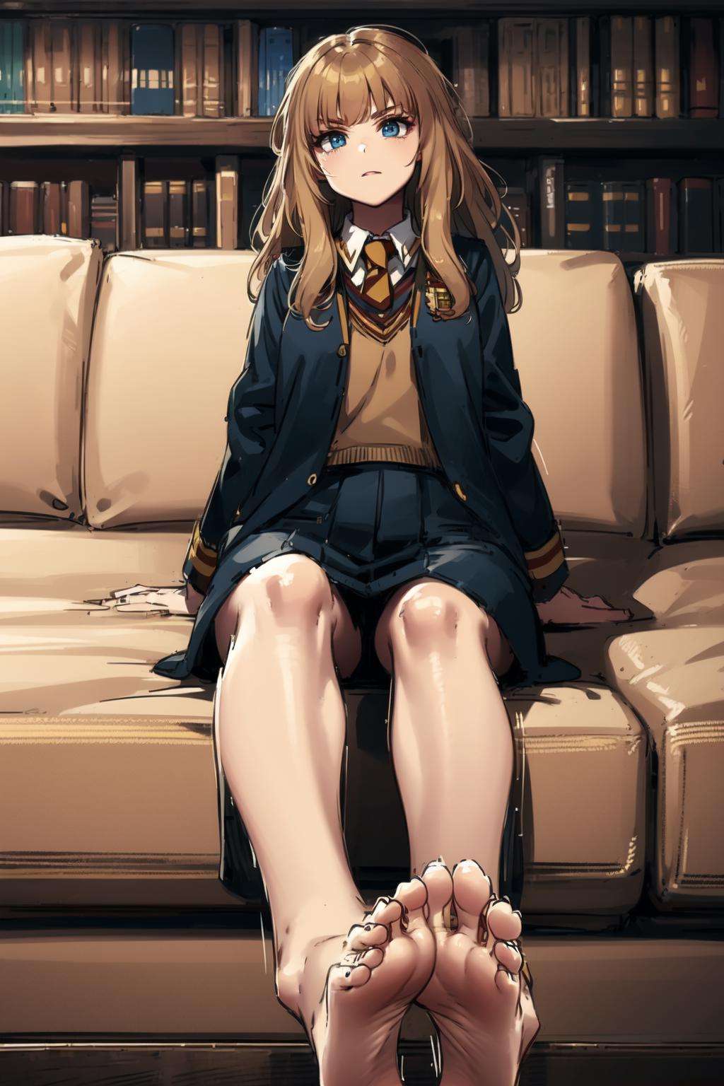 masterpiece,   ,  AGGA_ST003,   ,  Hermione Granger,  masterpiece,  perfectly detailed,  detailed face,  detailed eyes,  beautiful eyes,  looking at viewer,  Normal breast,  floating,  foot focuss,  hogwarts uniform,  human_feet,  , foot focus, <lora:EMS-15987-EMS:0.800000>, , <lora:EMS-38507-EMS:0.800000>