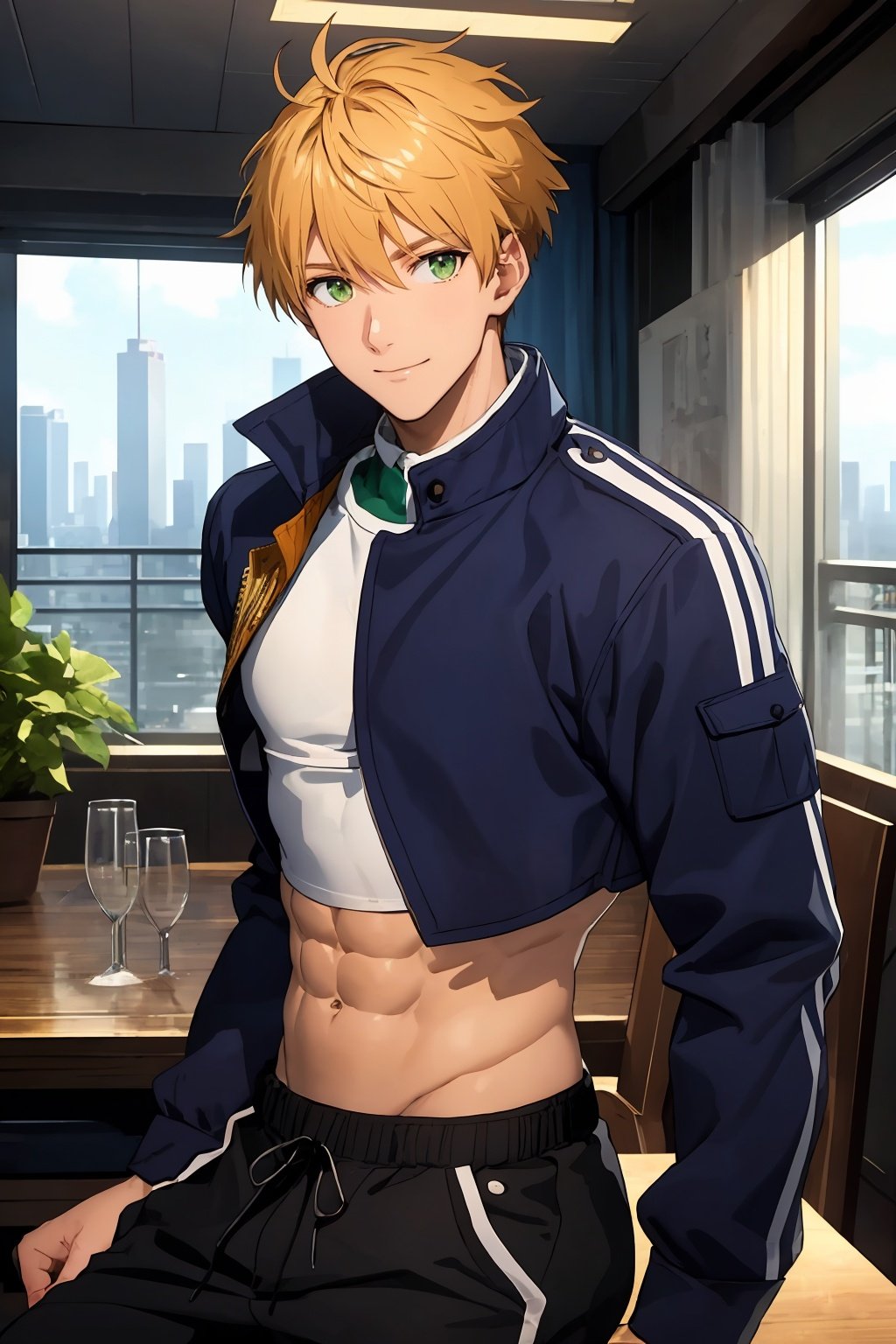 ((masterpiece))),(((best quality))),(extremely detailed),male only,((male focus)),((beautiful detailed eyes)),(long legs),bangs,white glowing skin,detailed skin and body,rich background,big and detailed eyes,cityscape,((huper pectorals:1.2)),(broad shoulders:1.2),abs,biceps,Delicate muscle lines,((slim waist:1.1)),((muscular:1.1)),((muscular male:1.2)),(puffy_nipples:1.1),1boy,male focus,hair between eyes,military jacket,(((crop top:1.4))),sitting on chair,looking at viewer,(closed mouth:1.2),male focus,arthur pendragon (fate),collared shirt,gold hair,green eyes,holding sword,open clothes,pants,smile,vertical-striped shirt,caustics,reflection,ray tracing,eye trail,starry sky,skyline,perspective,night,border,letterboxed,out of frame,outside border,head out of frame,tachi-e,<lora:旧剑jiujian-000008:0.6>,