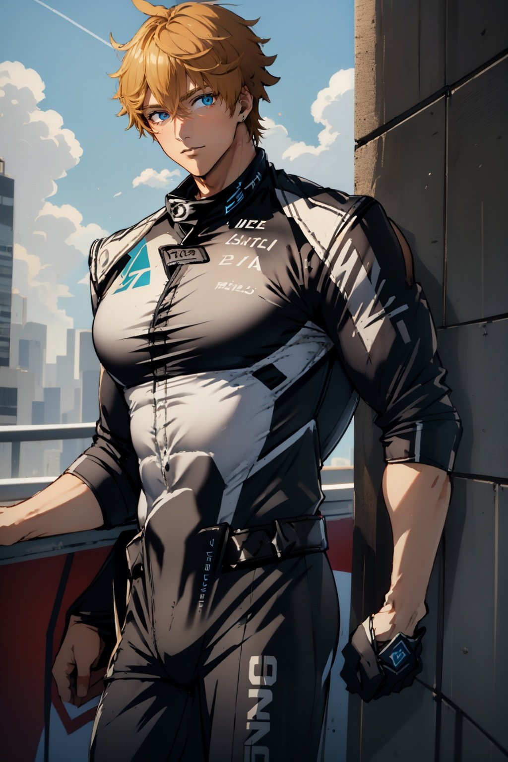 ((masterpiece))),(((best quality))),(extremely detailed),male only,((male focus)),((beautiful detailed eyes)),(long legs),bangs,((white glowing skin)),detailed skin and body,rich background,big and detailed eyes,(outside border:1.1),head out of frame,strong rim light,city,skyscraper,rooftop,fences,(((huper pecs:1.2))),(broad shoulders:1.2),abs,(((male focus:1.2))),biceps,((muscular male:1.2)),Delicate muscle lines,((((slim waist:1.4)))),(cowboy shot:1.2),(((( black racing suit:1.4)))),(solo:1.2),male focus,orange hair,aqua eyes,(tartaglia \(genshin impact\):1.2),caustics,reflection,ray tracing,(eye trail:1.2),starry sky,skyline,perspective,night,((looking at viewer:1.2)),<lora:Tartaglia:0.8>,<lora:sora:0.3>,<lora:Hyper Pecs v2:0.3>,