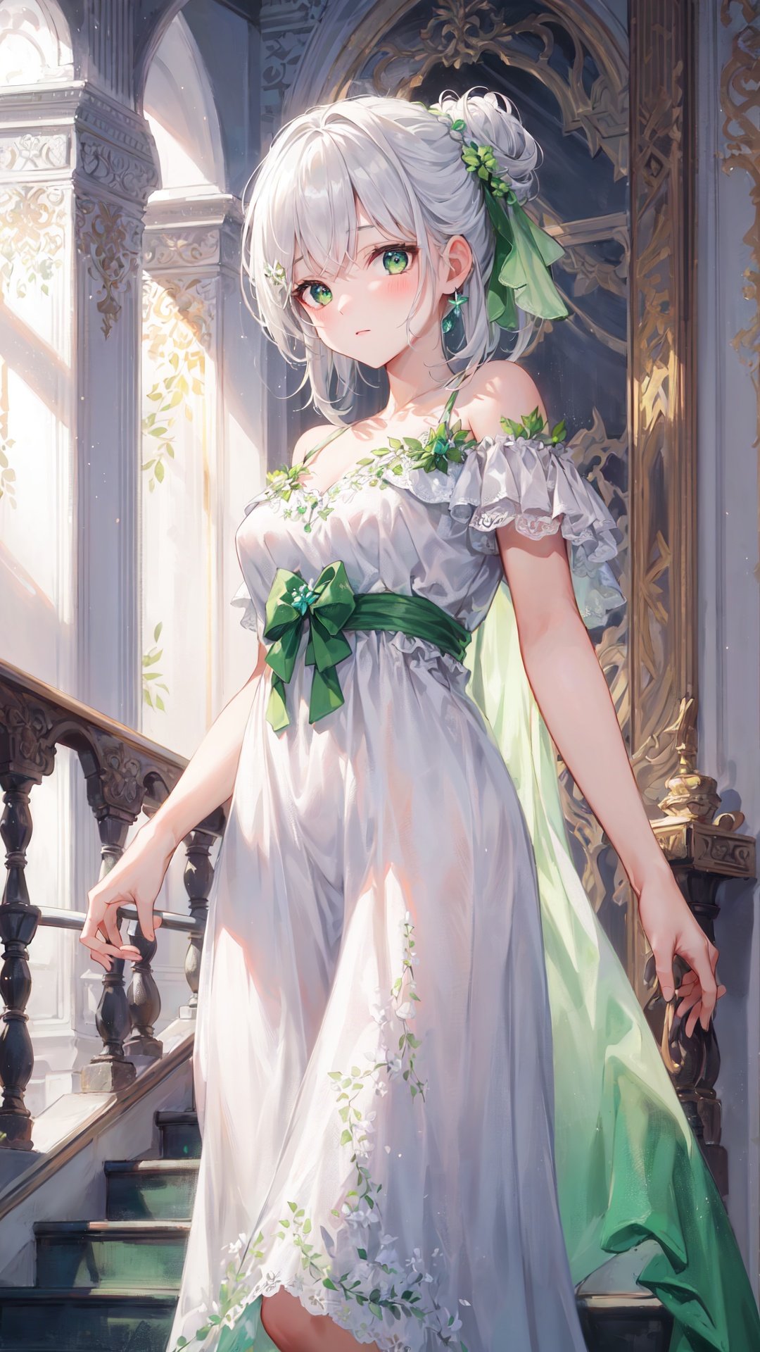 best quality, masterpiece,(solo),(close up),1girl,bright white hair,(haf updo),gray eyes,floating hair,(raise),,night gown,(gown_\\(White and green gradient color\\):1.2),bare shoulders,,in palace,hall,stair railing,sunlight,from below