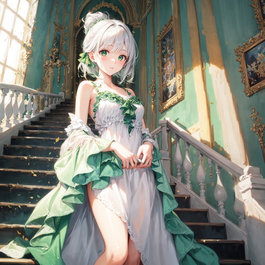 best quality, masterpiece, (solo), (close up), 1girl, bright white hair, (haf updo), gray eyes, floating hair, (raise), , night gown, (gown_\\(White and green gradient color\\):1.2), bare shoulders, , in palace, hall, stair railing, sunlight, from below