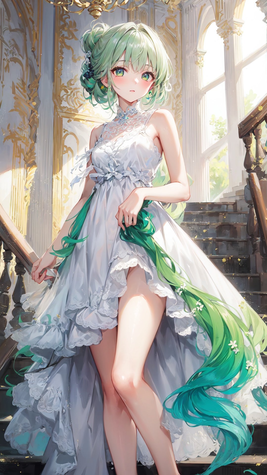 best quality, masterpiece,(solo),(close up),1girl,bright white hair,(haf updo),gray eyes,floating hair,(raise),,night gown,(gown_\\(White and green gradient color\\):1.2),bare shoulders,,in palace,hall,stair railing,sunlight,from below