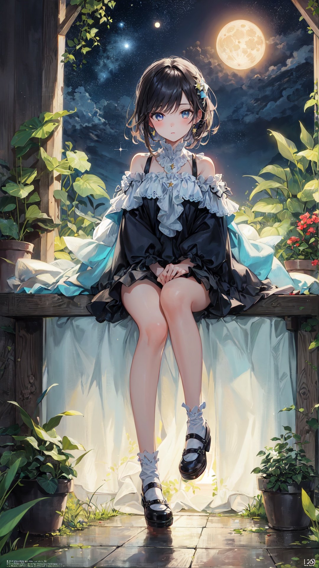 (masterpiece:1.2), (best quality:1.3), (ultra-detailed:1.2), (illustration:1.2),(Cinematic Lighting),star,moon,\n（(1girl)),loli,full body,sitting,fetal position,\nbubble, fantastic,plant,girl in star