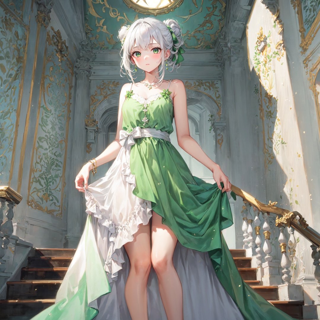 best quality, masterpiece, (solo), (close up), 1girl, bright white hair, (haf updo), gray eyes, floating hair, (raise), , night gown, (gown_\\(White and green gradient color\\):1.2), bare shoulders, , in palace, hall, stair railing, sunlight, from below