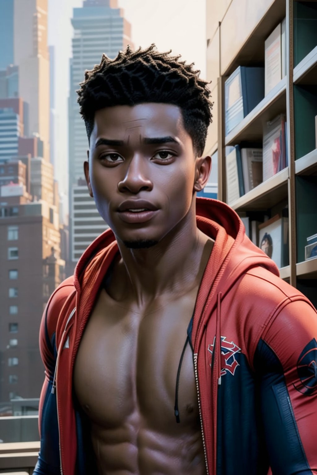 Slim 20years old, hoodie (open), at a college party, Miles_morales, realistic, masterpiece, intricate details, detailed background, depth of field, shirtless, 🎧 