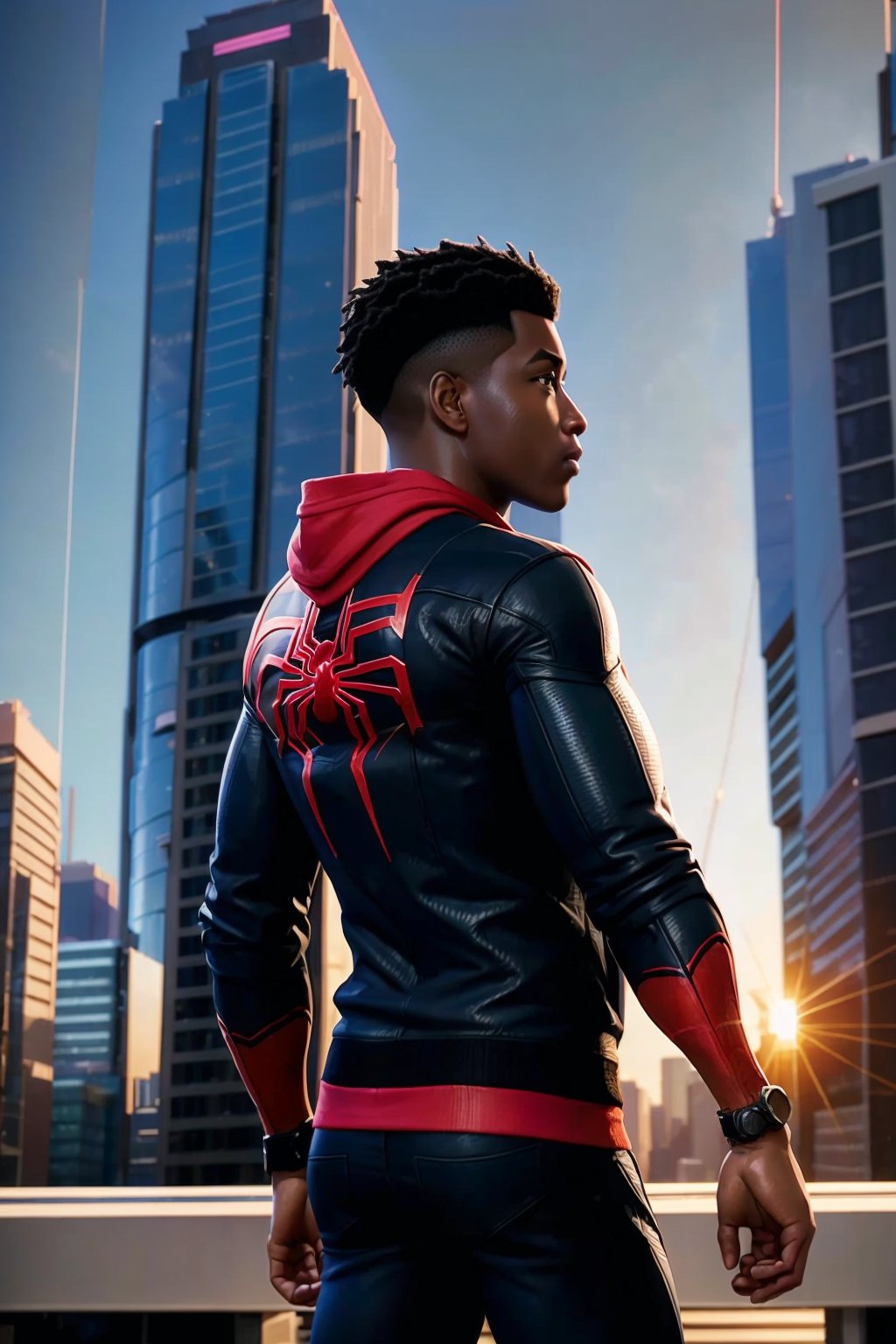 spiderverse style, city, cityscape, from behind, scenery, building, hood, 1boy, black hair, sunset, hoodie, outdoors, short hair, skyscraper, sky, jacket, scarf, ((masterpiece)), depth of field,Slim 20yo 1boy, Miles_morales ,cyberspace_background 