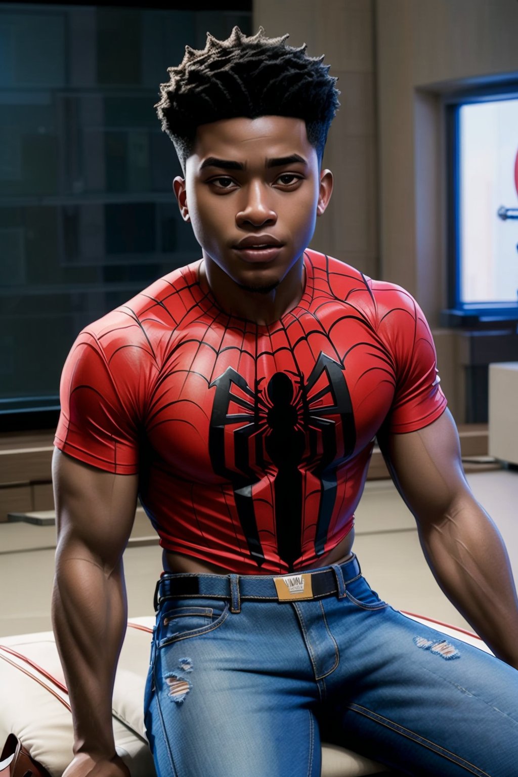 Slim 20years old, casual shirt, jeans, Laying down, Public speaking, Miles_morales, realistic, masterpiece, intricate details, detailed background, depth of field