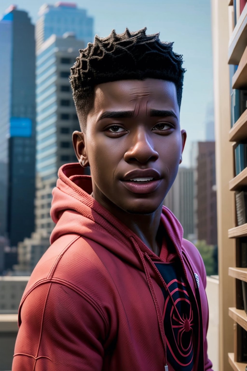 Slim 20years old, hoodie (open), at a college party, Miles_morales, realistic, masterpiece, intricate details, detailed background, depth of field, 