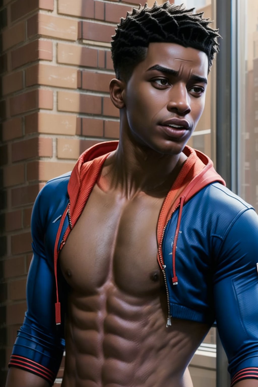 Slim 20years old, hoodie (open), at a college party, Miles_morales, realistic, masterpiece, intricate details, detailed background, depth of field, shirtless 