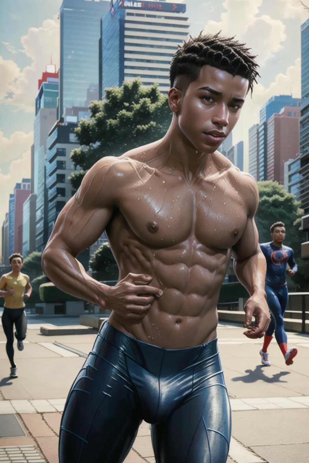 Slim 20years old, topless, leggings, running in the park, city, big bulge, Miles_morales, realistic, masterpiece, intricate details, detailed background, depth of field, ,wetclothes, 