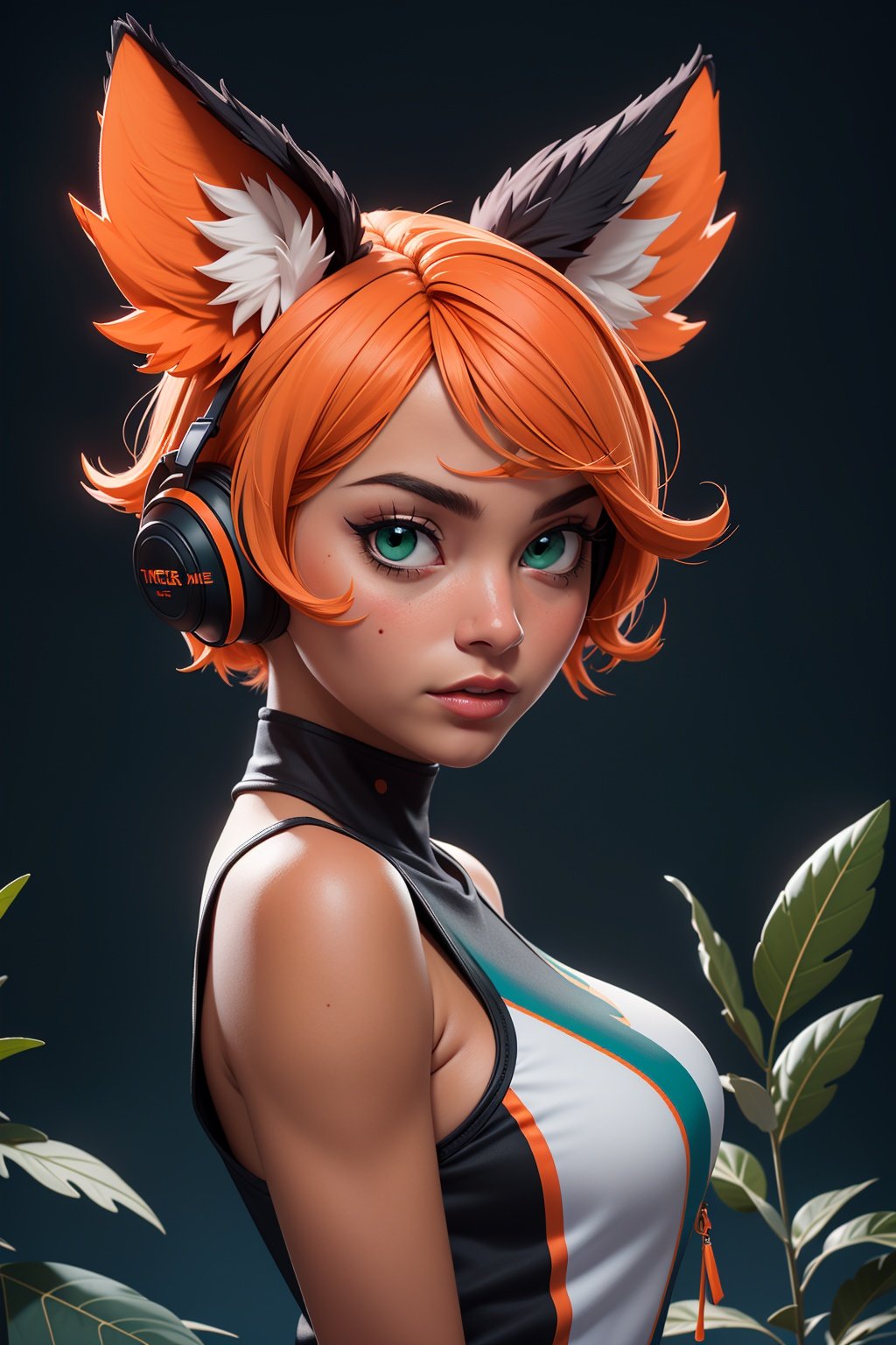 (masterpiece:1.1), (highest quality:1.1), (HDR:1.0), extreme quality, cg, (negative space), detailed face+eyes, 1girl, fox ears, animal ear fluff, (plants:1.18), (fractal art), (bright colors), splashes of color background, colors mashing, paint splatter, complimentary colors, neon, (thunder tiger), compassionate, electric, limited palette, synthwave, fine art, tan skin, upper body, (green and orange:1.2), time stop, sy3, SMM