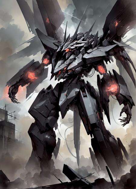 A demon mech reeking of black, <lora:[XL]Mechatest:1>