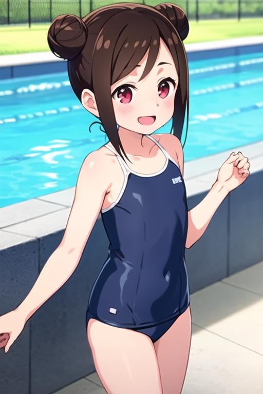 masterpiece, best quality, <lora:hitori_bocchi:0.7>  1girl, solo, brown hair, red eyes, smile, open mouth, sunlight, pool, swimsuit, school swimsuit, hair bun, double bun, flat chest, 