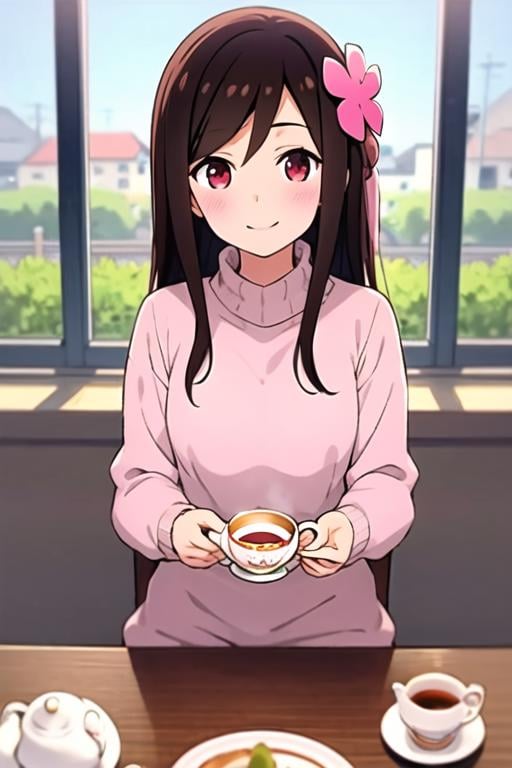 masterpiece, best quality, <lora:hitori_bocchi:0.7>  1girl, solo, brown hair, red eyes, smile, long hair, hair down, scrunchie, hair flower, pink flower, sunlight, sitting, holding, teacup, sweater, long sleeves, night, 