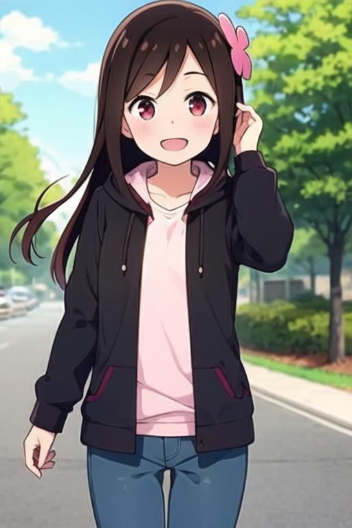 masterpiece, best quality, <lora:hitori_bocchi:0.7>  1girl, solo, brown hair, red eyes, long hair, hair down, scrunchie, hair flower, pink flower, smile, open mouth, sunlight, flat chest, white shirt, black hoodie, open clothes, long sleeves, jeans, outdoors, 