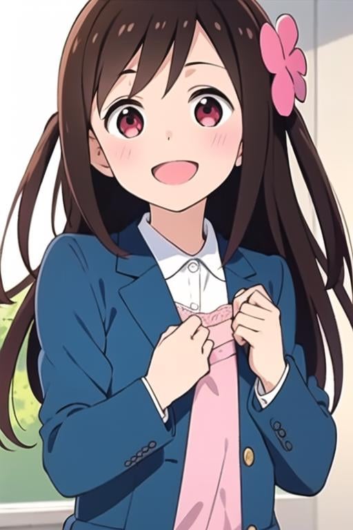 masterpiece, best quality, <lora:hitori_bocchi:0.7>  1girl, solo, brown hair, red eyes, long hair, hair flower, pink flower, school uniform, scrunchie, blue jacket, smile, open mouth, sunlight, flat chest, 