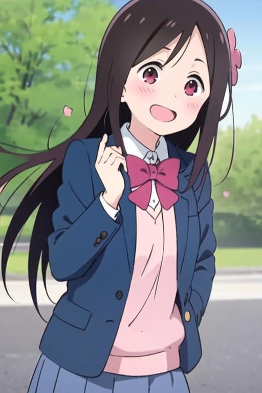 masterpiece, best quality, <lora:hitori_bocchi:0.7>  hitori bocchi, 1girl, solo, brown hair, red eyes, long hair, hair flower, pink flower, school uniform, blue jacket, smile, open mouth, 