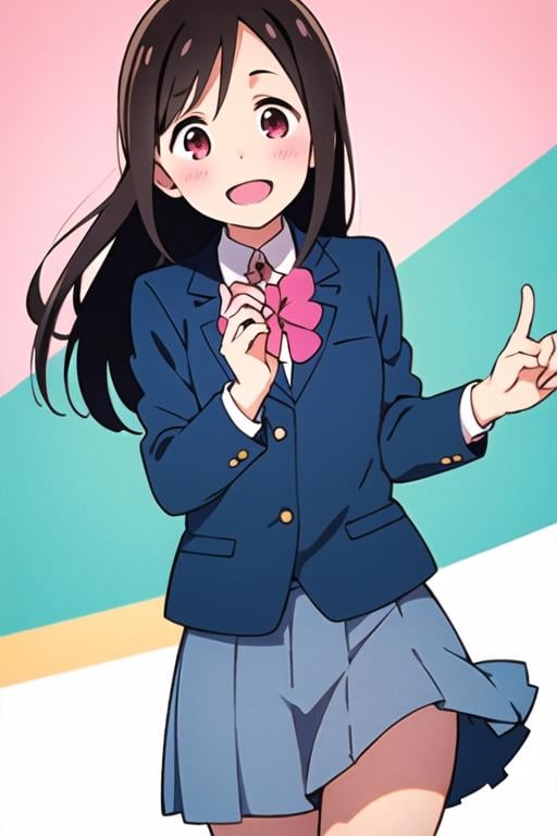 masterpiece, best quality, <lora:hitori_bocchi:0.7>  hitori bocchi, 1girl, solo, brown hair, red eyes, long hair, hair flower, pink flower, school uniform, blue jacket, smile, open mouth, 