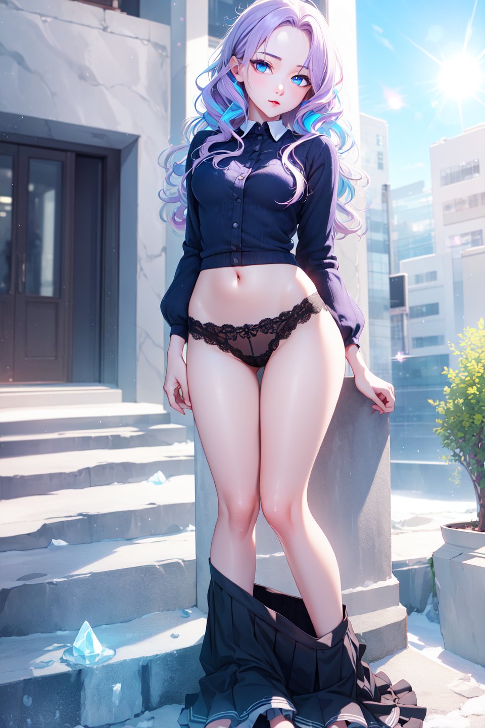 (masterpiece, best quality, ultra-detailed), (beautiful detailed face, beautiful detailed eyes, volumetric lighting),1girl, solo, (full body, splow:1.2), skirt pull, panties, crimped hair hair, light purple hair hair, ( ice blue eyes:1.1), small breasts,(beautiful outdoors at afternoon:1.2), (lens flare, chromatic aberration:1.1),