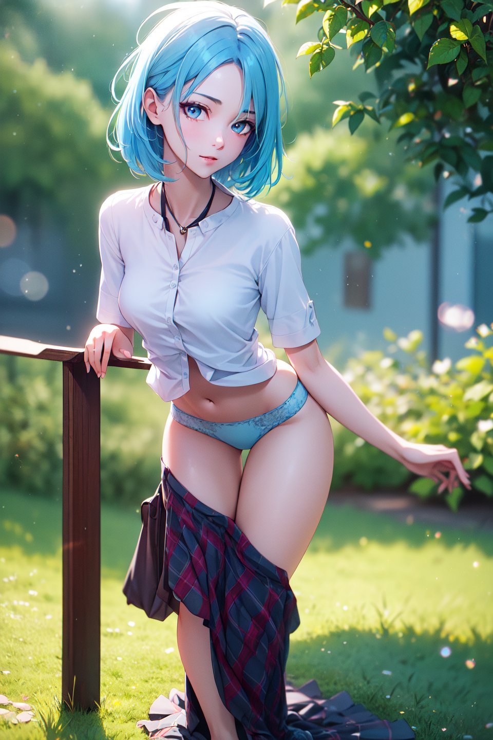 (masterpiece, best quality, ultra-detailed), (beautiful detailed face, beautiful detailed eyes, volumetric lighting),1girl, solo, (full body, spfloor:1.2), skirt pull, panties, quiff hair, light blue hair hair, ( dark brown eyes:1.1), small breasts,(beautiful outdoors at afternoon:1.2), (lens flare, chromatic aberration:1.1),