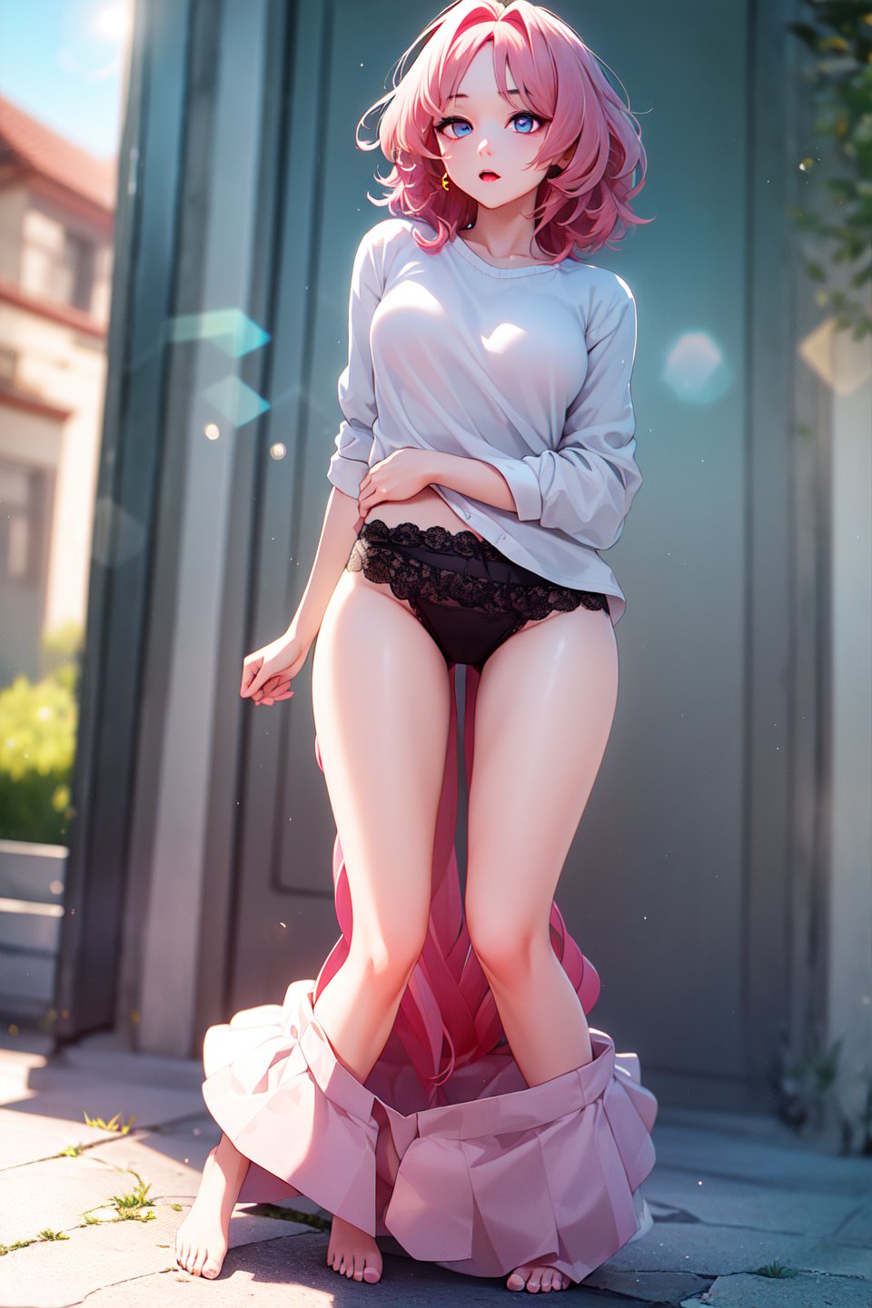 (masterpiece, best quality, ultra-detailed), (beautiful detailed face, beautiful detailed eyes, volumetric lighting),1girl, solo, (full body, splow:1.2), skirt pull, panties, medium hair hair, pink hair hair, ( Sapphire eyes:1.1), small breasts,(beautiful outdoors at afternoon:1.2), (lens flare, chromatic aberration:1.1),