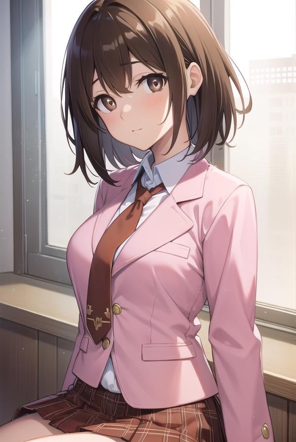 princessconnectyui, <lora:princessconnectyui-lora-nochekaiser:1>,yui, bob cut, (brown eyes:1.7), brown hair, medium hair,BREAK blazer, jacket, necktie, (pink jacket:1.5), plaid, plaid skirt, pleated skirt, red necktie, (red skirt:1.5), school uniform, skirt, tsubakigaoka metropolitan high school uniform,BREAK looking at viewer,BREAK indoors, classroom,BREAK <lyco:GoodHands-beta2:1>, (masterpiece:1.2), best quality, high resolution, unity 8k wallpaper, (illustration:0.8), (beautiful detailed eyes:1.6), extremely detailed face, perfect lighting, extremely detailed CG, (perfect hands, perfect anatomy),