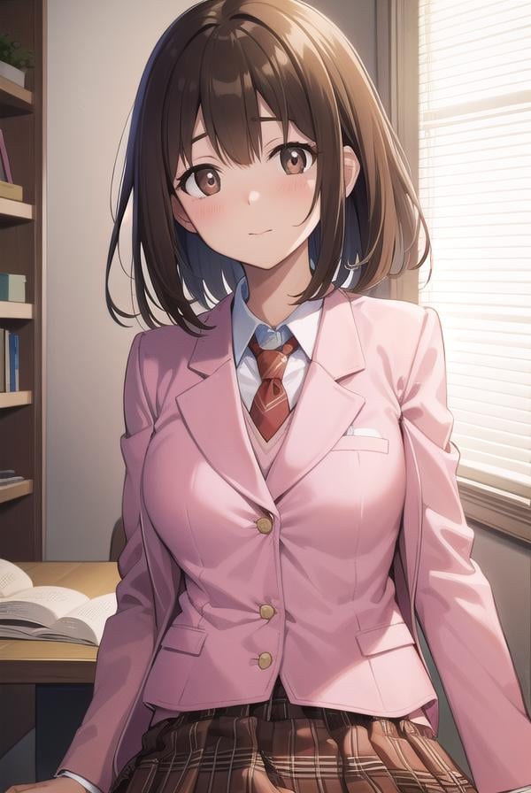 princessconnectyui, <lora:princessconnectyui-lora-nochekaiser:1>,yui, bob cut, (brown eyes:1.7), brown hair, medium hair,BREAK blazer, jacket, necktie, (pink jacket:1.5), plaid, plaid skirt, pleated skirt, red necktie, (red skirt:1.5), school uniform, skirt, tsubakigaoka metropolitan high school uniform,BREAK looking at viewer,BREAK indoors, classroom,BREAK <lyco:GoodHands-beta2:1>, (masterpiece:1.2), best quality, high resolution, unity 8k wallpaper, (illustration:0.8), (beautiful detailed eyes:1.6), extremely detailed face, perfect lighting, extremely detailed CG, (perfect hands, perfect anatomy),