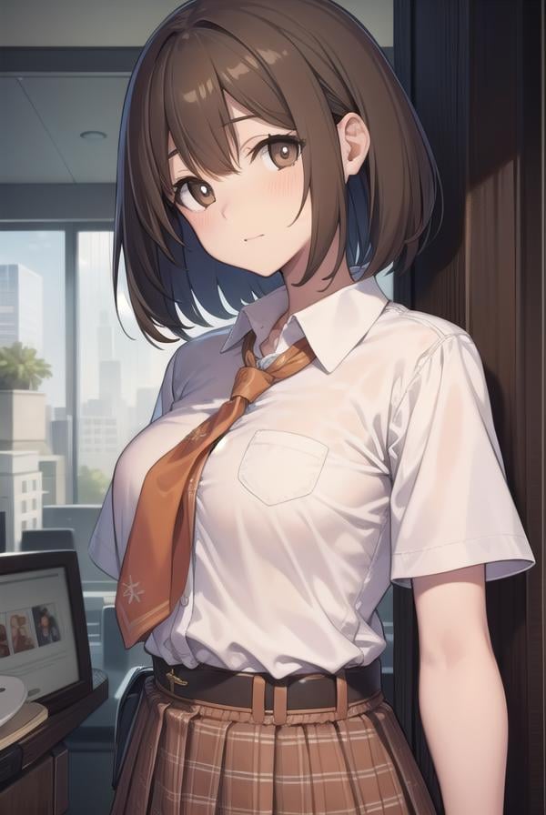 princessconnectyui, <lora:princessconnectyui-lora-nochekaiser:1>,yui, bob cut, (brown eyes:1.7), brown hair, medium hair,BREAK belt, belt buckle, buckle, collared shirt, floral print, shirt, short sleeves, white shirt, skirt, red skirt,BREAK looking at viewer,BREAK indoors, classroom,BREAK <lyco:GoodHands-beta2:1>, (masterpiece:1.2), best quality, high resolution, unity 8k wallpaper, (illustration:0.8), (beautiful detailed eyes:1.6), extremely detailed face, perfect lighting, extremely detailed CG, (perfect hands, perfect anatomy),